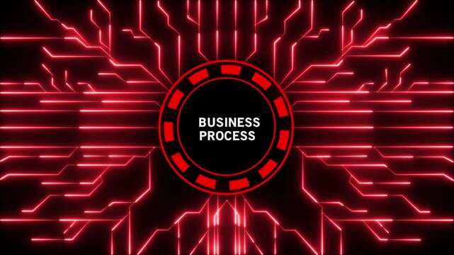 An abstract digital artwork depicting a central circular emblem with the words BUSINESPROCES in white text on a black background, encircled by a red segmented ring, all superimposed on