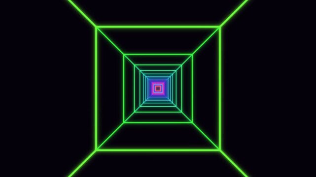 Neon tunnel with colorful squares moving toward the center