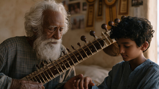 Elderly sitar master placing a student's fingers on the correct fret position in an intimate lesson, instrument resonating visibly in the close framing, decades of performance