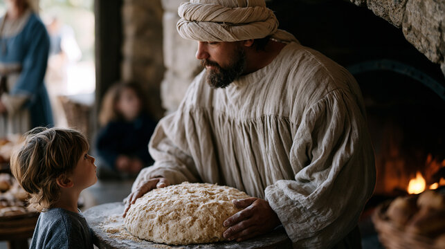 Historical reenactment troupe in full medieval guild costume demonstrating bread-baking in a stone hearth at an open-air museum, a child visitor in modern clothes watching