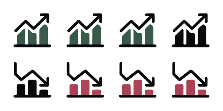 Mixed colored bar charts with trend lines, showing business progress and downturns.