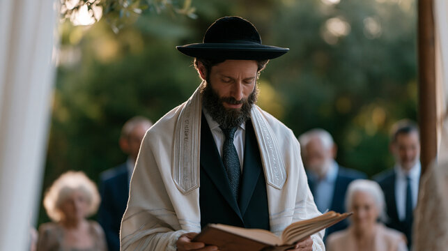 Orthodox Jewish wedding ceremony beneath an outdoor chuppah canopy, rabbi chanting from a text, families surrounding the couple in traditional and formal attire, late afternoon