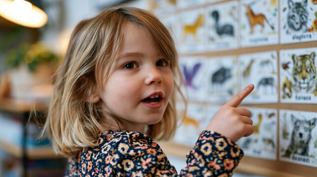 Preschool girl pointing to illustrated flashcards of animals taped to a wall while a tutor pronounces each word in a second language, small mouth forming unfamiliar sounds in a cozy bilingual learni