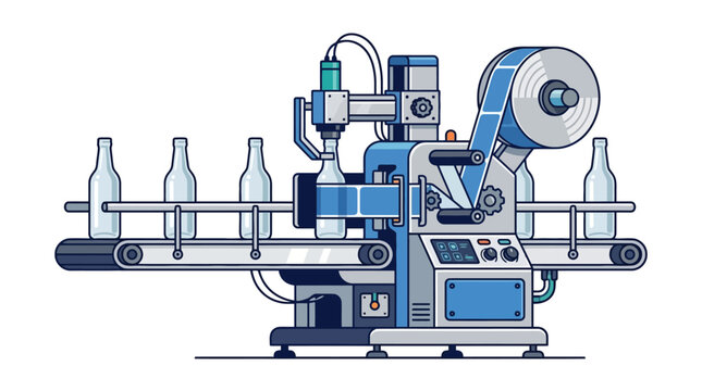 Industrial automated bottle labeling machine on production conveyor line. EPS Editable