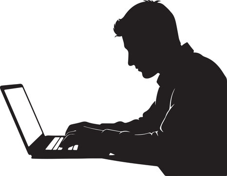 Silhouette of man working on laptop, computer user icon, black office worker, technology vector