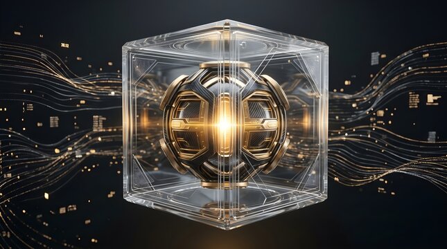 Futuristic quantum computer core with glowing golden light inside a glass cube on dark background
