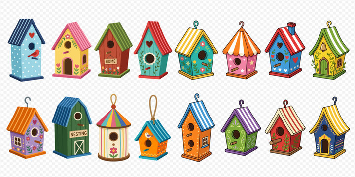 Collection of colorful birdhouses with various designs and patterns, perfect for spring and garden themes.