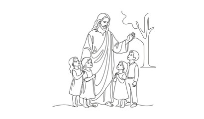 Obraz premium Modern One Line Portrait of Jesus Christ with Children – Abstract Spiritual Line Illustration