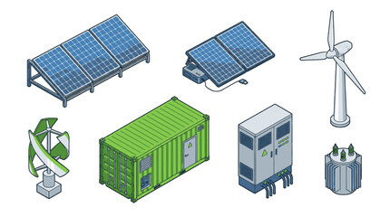 Set of isometric illustrations depicting renewable energy sources and equipment, including solar panels, wind turbines, and storage units. © Nelya