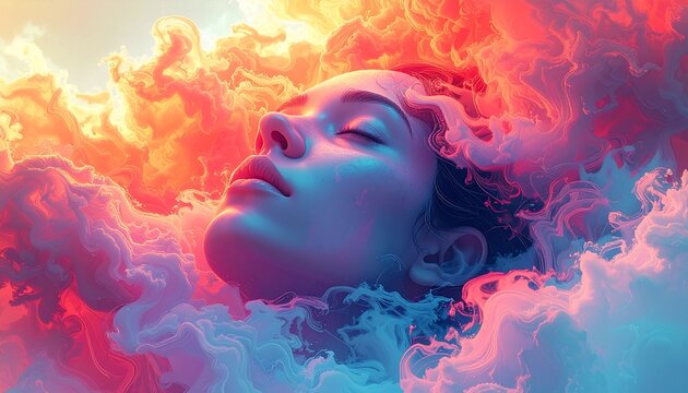 Woman face surrounded by colorful clouds.