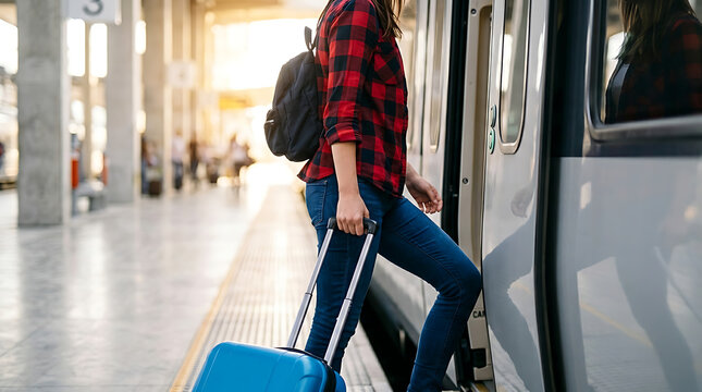 Young woman traveler boarding a passenger train with a blue suitcase at the station platform