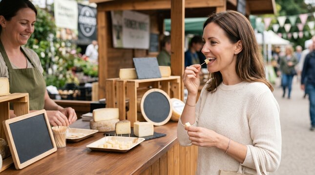Woman tasting cheese sample at outdoor market with vendor smiling  