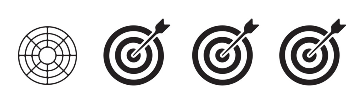 Target sign set with dart hitting center bullseye isolated on transparent background for game concepts.