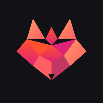 Modern low poly fox head logo design featuring orange and pink geometric shapes on black.
