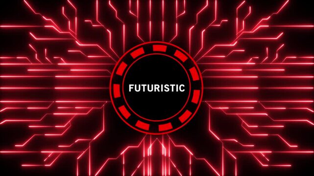 Futuristic glowing red electronic circuit board pattern with a central circular emblem displaying the word FUTURISTIC in white on a black background
