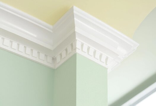 Overhead interior view of Georgian crown molding featuring detailed dentil texture, showcasing historic architectural design, elegant craftsmanship, and classic ornate ceiling interior detail.