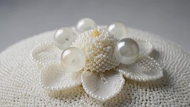 Elegant white pearl flower brooch with intricate beadwork