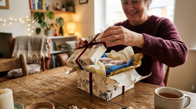 Smiling woman opening a beautifully wrapped gift box filled with knitted items