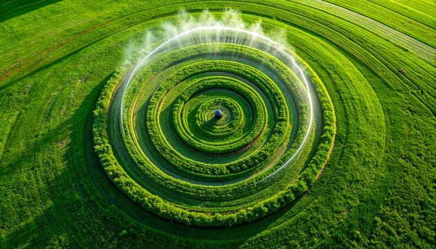 Aerial view of green crop circle in agricultural field.