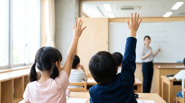 Group of elementary students raising hands to answer questions in bright classroom with teacher standing at whiteboard during interactive lesson in modern school building