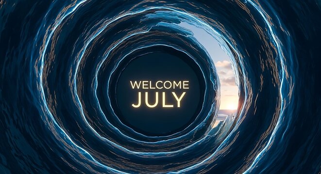 Abstract digital spiral tunnel with July welcome text overlay.