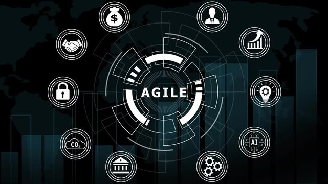Agile methodology business concept animation with digital hud interface, corporate strategy and global data analytics background, for tech presentations