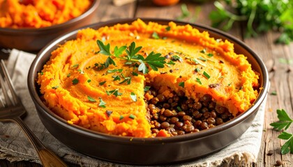 Fototapeta premium Delicious Lentil Shepherds Pie with Sweet Potato Topping and Parsley Garnish.