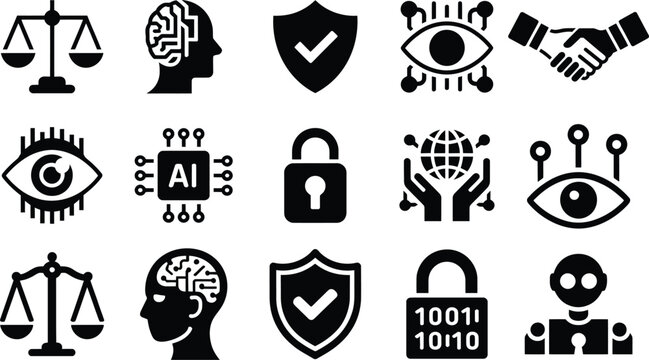 Artificial intelligence and data security technology icons set with artificial, intelligence