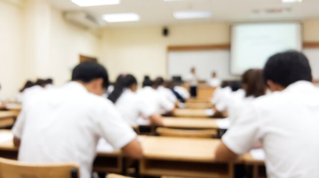 Students sitting at rows of desks in university lecture hall during exam or study session with blurred focus on rows of individuals preparing for academic assessment