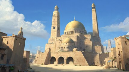 Obraz premium Artistic depiction of a grand, sun-drenched architectural complex in a vibrant, desert-like city