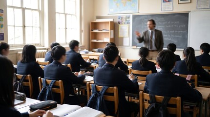 Obraz premium Teacher standing in front of blackboard giving lesson to class of students in uniform sitting at desks in traditional school classroom with natural window light
