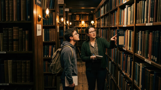 Library student tutor book shelf university education woman man study library student tutor book shelf university education woman man study warm academic aisle, guided search with attentive