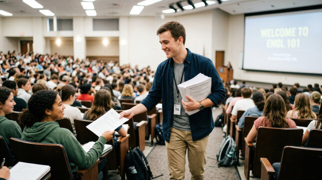 Teaching assistant syllabus classroom student lecture hall handout college university education course smiling man handing paper to seated learner during class orientation