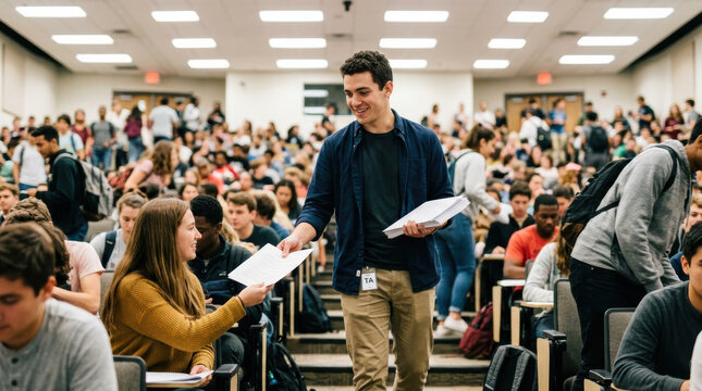Teaching assistant classroom syllabus student lecture hall college education paper handout university during course orientation with diverse group