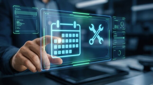 Digital calendar interface shows technical maintenance support service with automation workflow for system management and repair