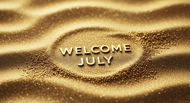 Welcome July greeting on rustic wooden background with grains.