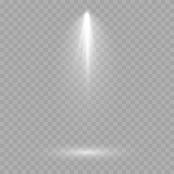 White spotlight cone isolated on transparent background PNG. Spotlight illumination with single vertical white beam, soft realistic studio light effect with oval floor reflection design.