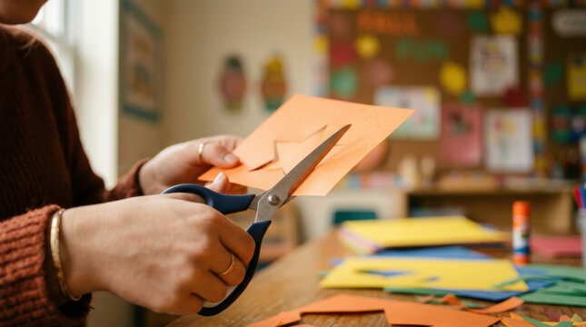 Paper scissor teacher aide craft classroom hand cutting shape education, focused adult cutting orange paper shape with scissor during school art activity at colorful desk