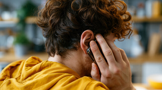  Nahaufnahme eines frustrierten Kunden von hinten, der ungeduldig ein Smartphone ans Ohr dr&uuml;ckt. Konzept f&uuml;r lange Wartezeiten in der Warteschleife, schlechten Kundenservice, Stress am Telefon und Bes