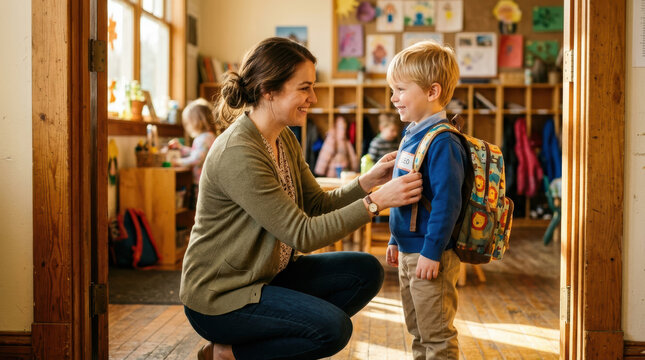 Teacher assistant helping child classroom school kindergarten backpack smiling education teacher assistant helping child with backpack warm kindergarten classroom, smiling student ready for school