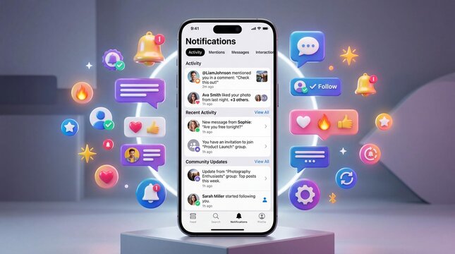 Smartphone displays social media notifications on screen with floating icons