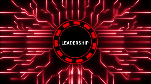 A central black circle displaying the word LEADERSHIP in white text, encircled by a red segmented ring, against a dark background illuminated by a complex pattern of glowing red circuit