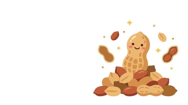 A happy cartoon character sits on peanuts celebrating peanut day surrounded by nuts.