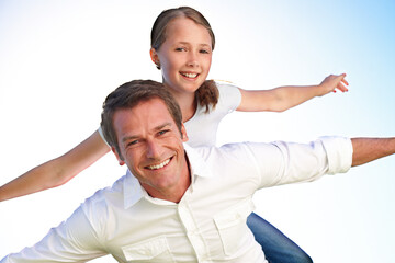 Obraz premium Portrait, dad and piggyback with child in air for fun activity, airplane games and holiday. Below, flying and happy father with daughter, family support or weekend break on vacation trip in nature