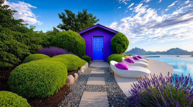 Vibrant purple garden cabana with infinity pool and lavender landscape by the sea