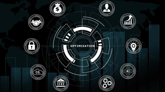 Business process optimization hud interface with digital and data analytics for corporate strategy and financial growth technology motion background