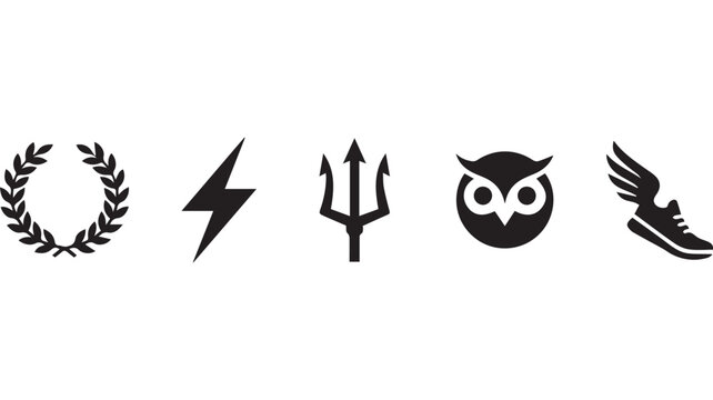 Symbol collection features a laurel wreath, lightning bolt, trident, owl, and winged shoe in a clean line-up.
