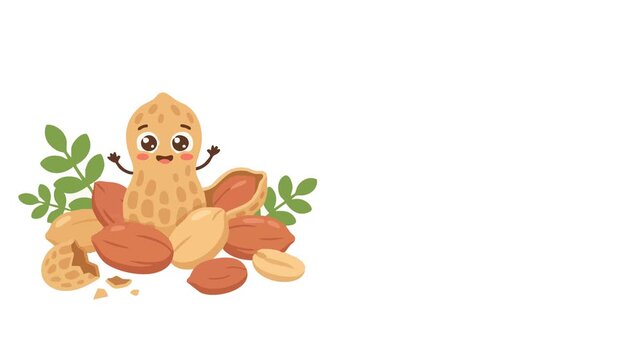 A cheerful cartoon character celebrates National Peanut Day with peanuts and leaves.