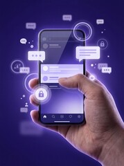 Fototapeta premium Hand holding smartphone with chat icons and secure lock symbols floating around