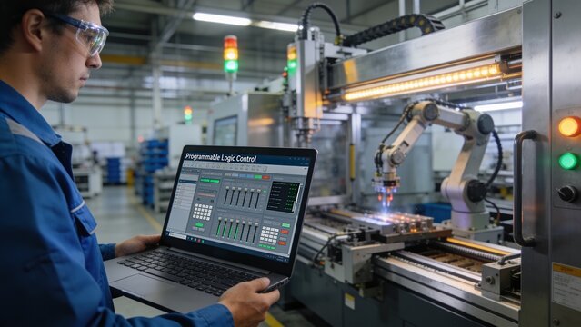 Professional worker of modern factory using laptop controlling program to automatic machinery. Engineering with laptop Programmable Logic Controller to manage large machine working full automatic.